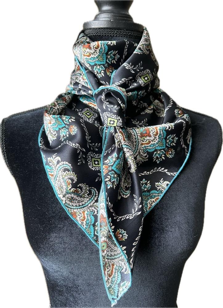 Cream and Turquoise Floral Paisley on Black