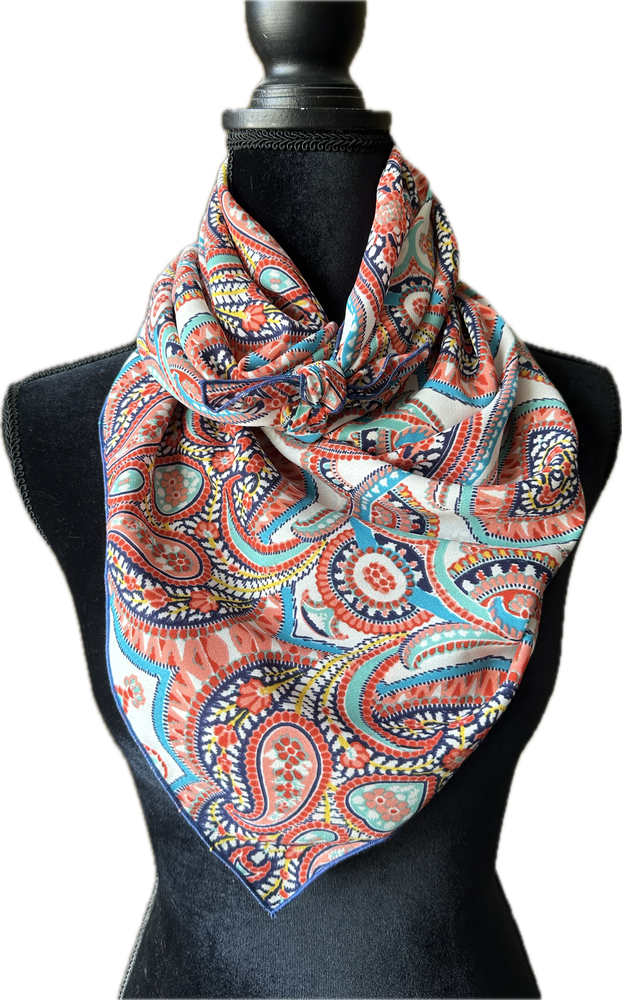 Coral and Blue Paisley on White
